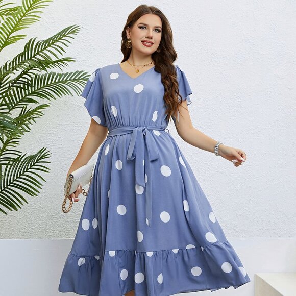 Polka Dot Belted Flutter Sleeve Ruffle Hem Dress - Picture 1 of 7